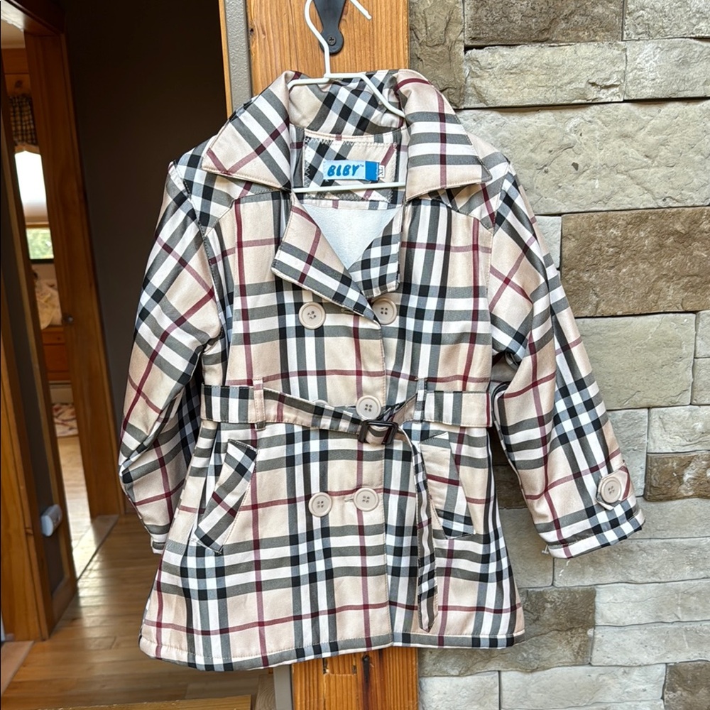 Kids Plaid Trench Coat - Black and Cream